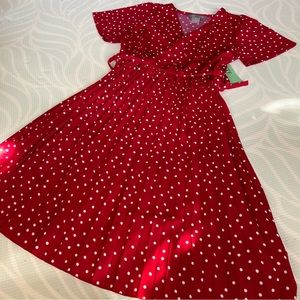 Red and White Polka Dot Petite Dress Pleated Faux Wrap Top Short Sleeves Tie